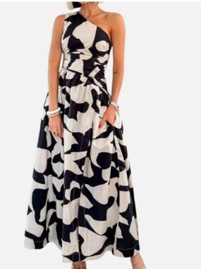 Abercrombie & Fitch One Shoulder Maxi Dress XL Black White Cutout Side